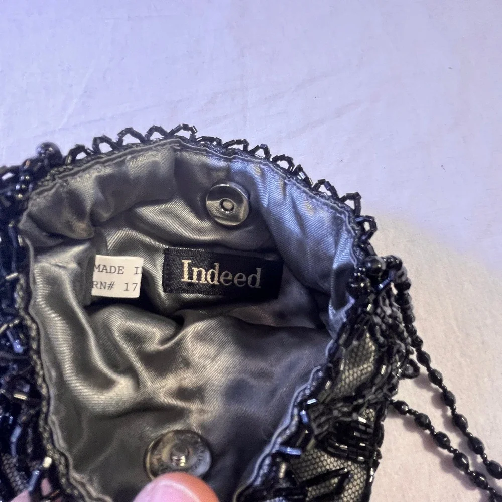 Indeed Black Beaded Lace Evening Clutch‎ Purse Bag Fringe Strap